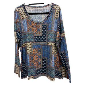 Canyon Retreat Tunic Top Womens Size 1X Blue Floral Patchwork Knit Cottagecore
